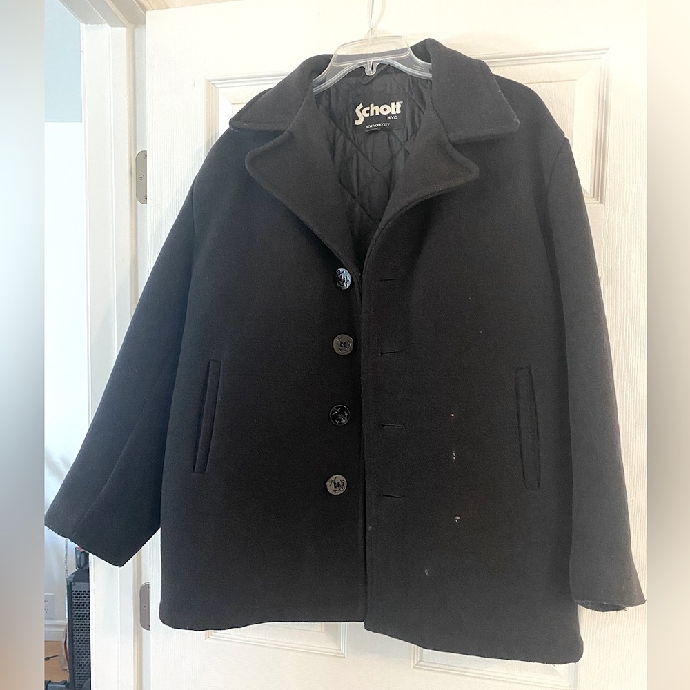 Schott N.Y.C Men’s Black Peacoat Vintage Wool Jacket Single Breasted Heavy L